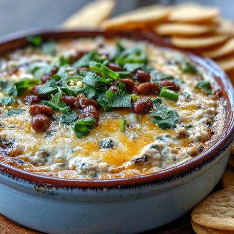 Freshly baked Hot Black-Eyed Pea Dip with Jalapeño and Cumin sits golden and bubbling in a rustic dish, garnished with fresh cilantro and bright jalapeño slices.