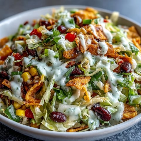 Fresh Frito Cowboy Cabbage salad with coleslaw mix, black beans, corn, and Chili Cheese Fritos in a bowl.