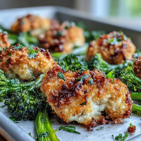 Golden, crispy Parmesan and panko topping covers tender chicken breasts and bright green broccoli florets roasted on a single tray.