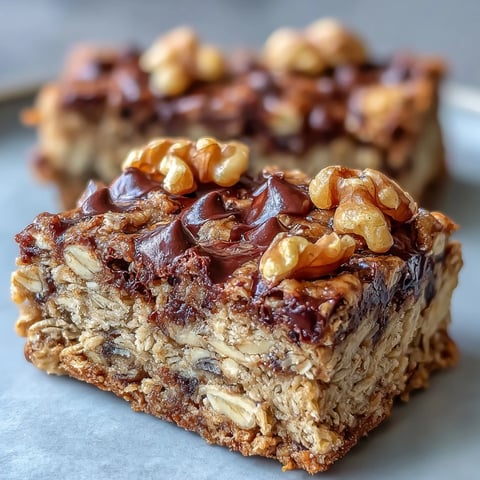 Freshly baked Chunky Monkey Protein Baked Oat Bars on a cooling rack, featuring melted dark chocolate chips and chopped walnuts, perfect for a healthy breakfast.