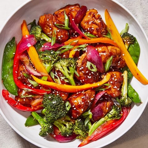 A close-up of a bubbling Sheet Pan Chicken Stir-Fry, with tender chicken and bright peppers glistening.