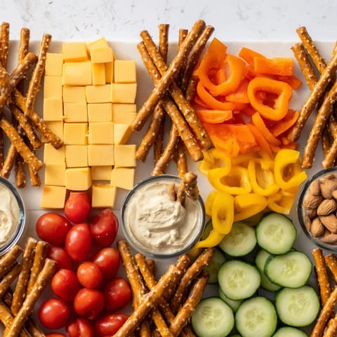 Pretzel rod streets create a fun grid on this The Urban Grid snack platter, ready to serve guests.