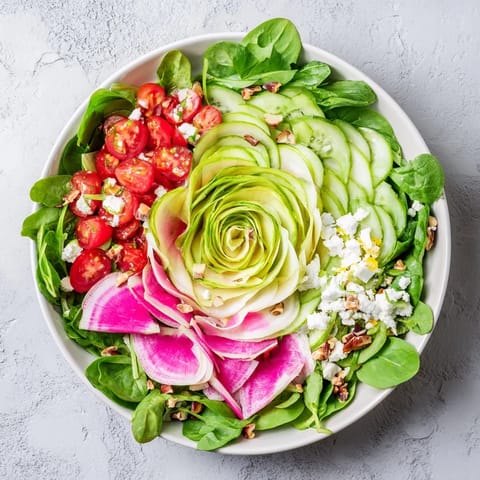 Eye-catching view of the Fibonacci Fan Salad, artistically arranged on a round platter, ready to serve.