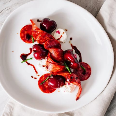 Crisp crackers topped with The Crimson Tide: an artful, spicy chorizo and cherry appetizer.