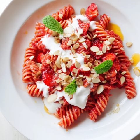 This colorful Sweet Strawberry Yogurt Pasta shows chilled pasta tossed with berry sauce and yogurt, perfect for summer.