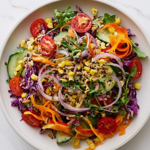 Beautiful Rainbow Salad: colorful, crunchy vegetables tossed with a tangy tahini dressing for a healthy meal.