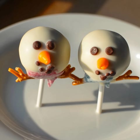 Cute, edible Oreo Snowman Cake Pops, complete with pretzel arms and chocolate chip eyes.