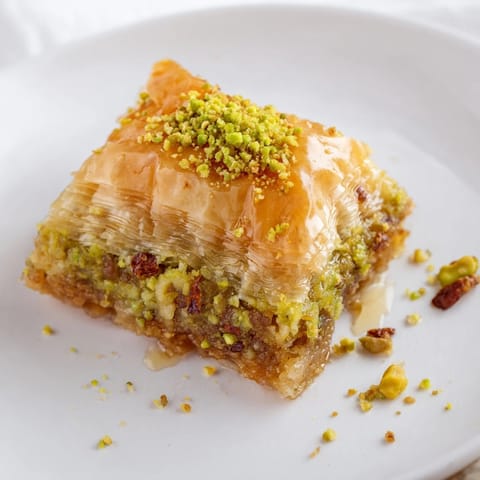 Close-up of freshly baked Turkish Hazelnut & Pistachio Baklava, showing the glistening syrup and textures.