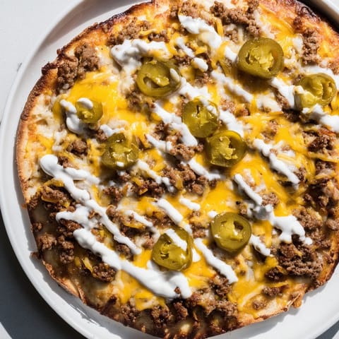 Warm Ground Beef Taco Pizza, pictured with oozing cheese, sliced jalapeños, and a creamy drizzle.