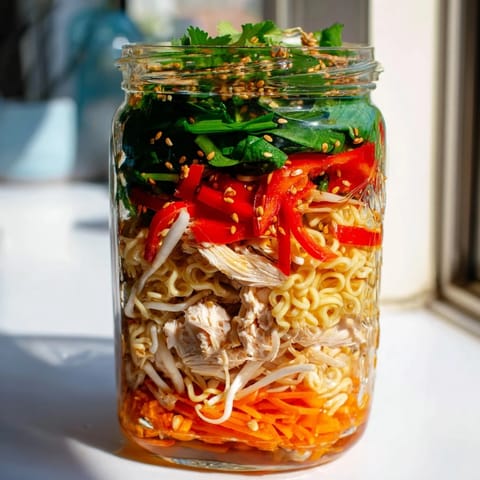 Freshly cooked ramen noodles layer above colorful bell peppers, shredded carrots, and spinach in a clear mason jar meal prep.