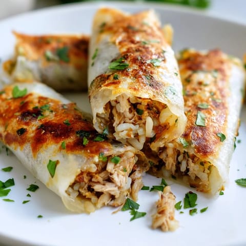 Golden-brown Garlicky Pulled Chicken Wraps sit on a plate beside fresh lemon wedges.