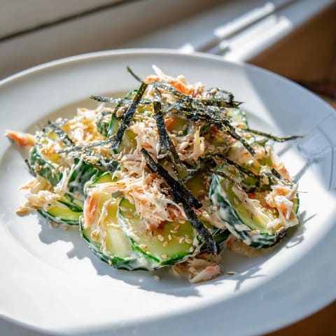 Fresh California Roll Cucumber Salad with creamy mayo dressing, imitation crab, and toasted sesame seeds.  