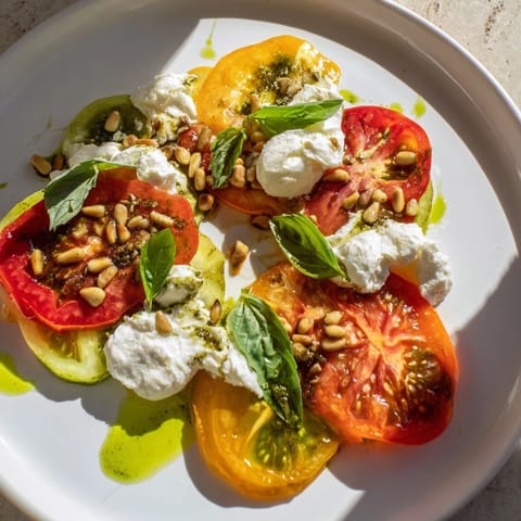A colorful heirloom tomato salad board with torn burrata, fresh basil, and toasted pine nuts, ready for sharing.
