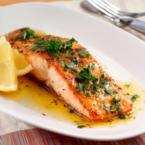 Close-up of tender Honey Garlic Glazed Salmon brushed with a glossy buttery sauce, resting on a tray with pan juices ready to spoon.  