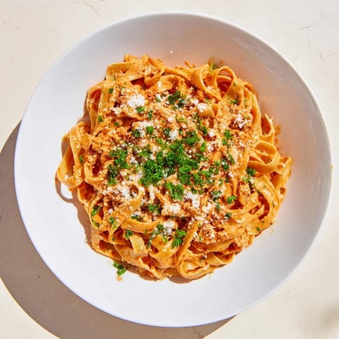 Spicy-sweet Sriracha Honey Pasta served steaming hot with extra parmesan and red pepper flakes.