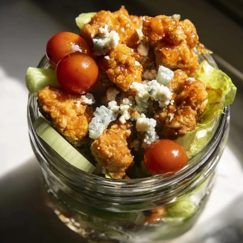 Hearty Crispy Chicken Cobb Jar Salad showcases golden baked chicken, hard-boiled egg, crisp romaine, and creamy avocado for an easy lunch.  