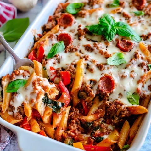 Fresh basil garnishes the golden, bubbly High Protein Italian Beef and Pasta Bake served hot from the oven in a ceramic dish.