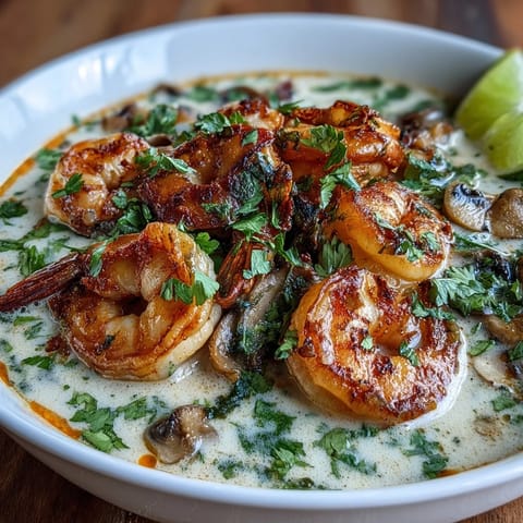 Spoon lifting succulent shrimp from fragrant Thai Coconut Shrimp Soup alongside steamed jasmine rice.
