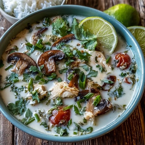 A ladle pours Best Ever Tom Kha Gai Soup, revealing tender mushrooms and tomatoes in rich coconut broth.