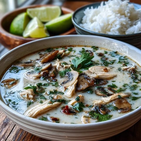 A steaming bowl of Tom Kha Soup garnished with cilantro and lime wedges on the side.