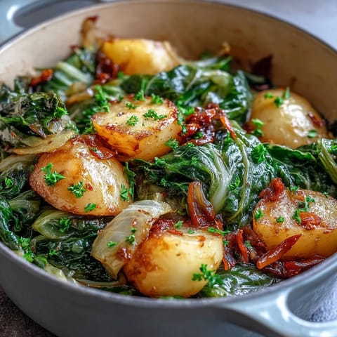 Soft potatoes and cabbage meld with gentle chili warmth in this easy, comforting one-pot dish for four servings.  