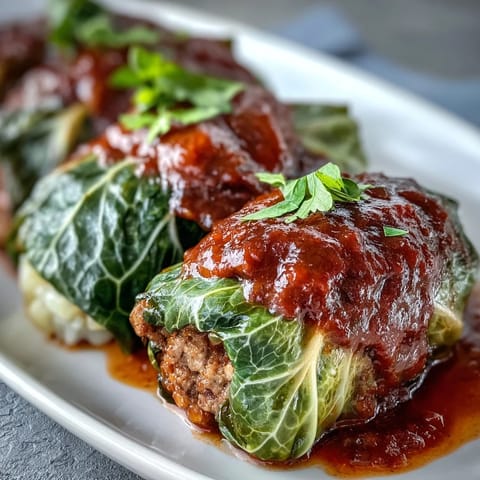 Savory cabbage rolls stuffed with ground beef and rice, nestled in a bubbly tomato sauce ready to serve.  