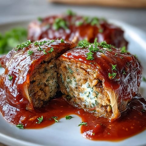 Golden-brown baked vegan cabbage rolls arranged neatly in a dish, steam rising from the hearty lentil and rice filling.  