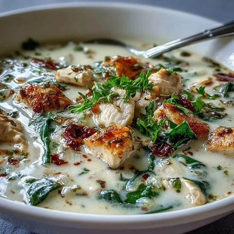 Steaming bowl of Garlic Parmesan Chicken Soup with wilted spinach, served alongside a slice of crusty bread.