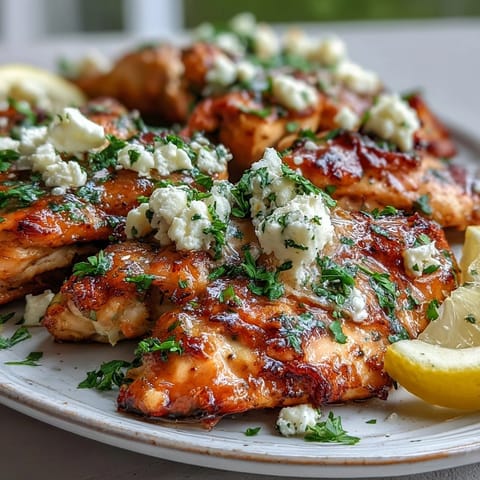 Bright Mediterranean platter of Greek Chicken with Lemon and Feta garnished with lemon wedges and olive oil.