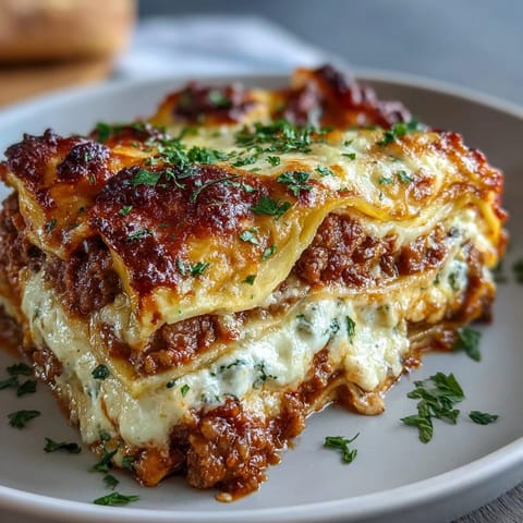 Freshly baked Worlds Best Lasagna with bubbling mozzarella and golden Parmesan straight from the oven.