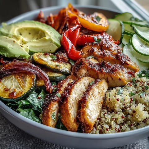 Golden roasted vegetables seasoned with paprika sit atop fluffy quinoa with sliced chicken and avocado.