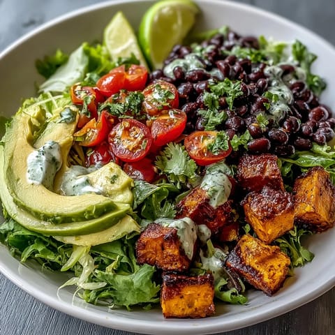 Roasted sweet potatoes and black beans rest on salad greens with cherry tomatoes and fresh salsa in this fiber-rich bowl.