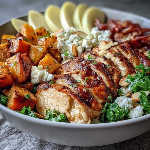 A vibrant Fall Sweet Potato Harvest Bowl featuring juicy sliced chicken, tender roasted sweet potatoes, crisp apples, fresh kale, and creamy goat cheese with crunchy almonds.