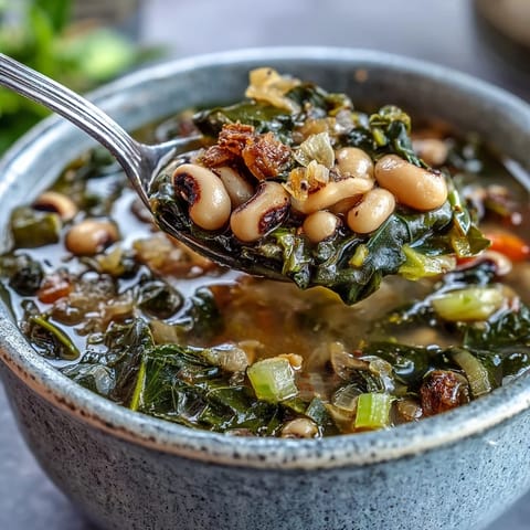 Steaming bowl of Black-Eyed Peas With Collard Greens, served with a golden wedge of cornbread for a classic Southern meal.