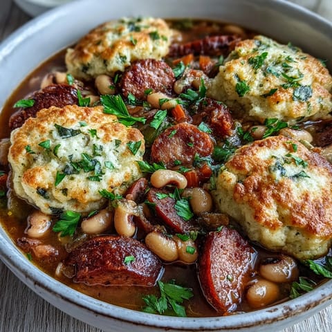 Fork-ready Black-Eyed Peas and Sausage Dumplings served in a white bowl, fluffy cornmeal dumplings atop a savory broth with sausage, carrots, and peas.