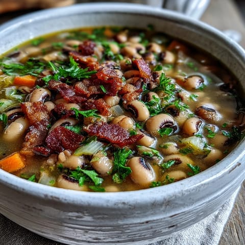 Spoon lifting a serving of Black-Eyed Peas and Bacon Soup, revealing tender peas and diced carrots in broth.