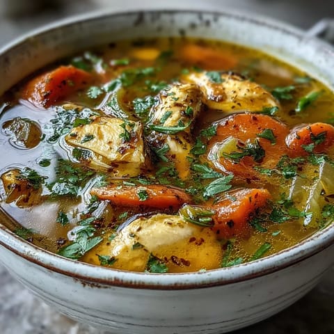 A comforting bowl of Ginger Turmeric Chicken Soup featuring tender chicken chunks and creamy coconut milk on a rustic table.