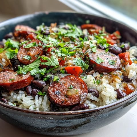 A rustic cast-iron skillet showcases the finished Black Beans, Sausage, and Rice Skillet garnished with fresh cilantro and lime wedges.