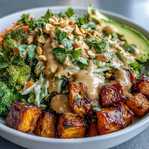 A vibrant Thai Peanut Sweet Potato Buddha Bowl with roasted sweet potatoes, broccoli, and creamy peanut sauce.