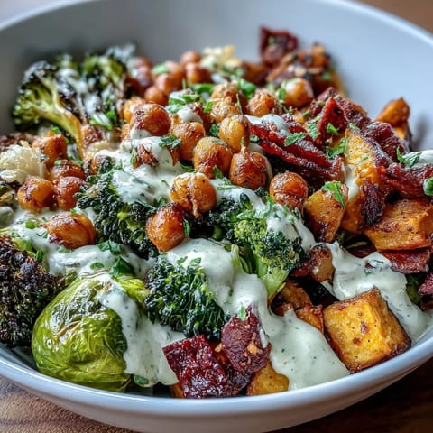 Golden roasted broccoli, Brussels sprouts, and sweet potatoes mingle with crispy chickpeas in a bowl, drizzled generously with creamy Maple Dijon Tahini Dressing.