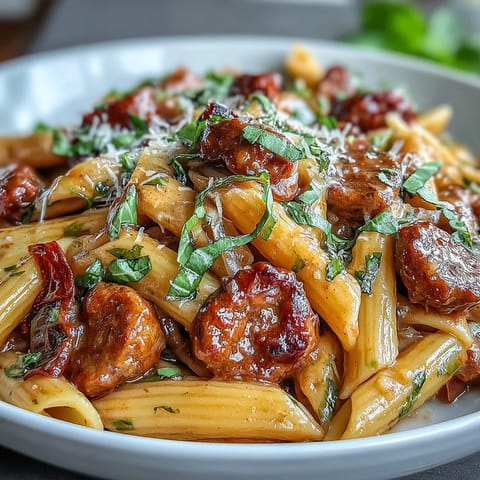 A hearty bowl of One-Pot Red Wine Sausage Pasta, featuring rich red sauce and penne.