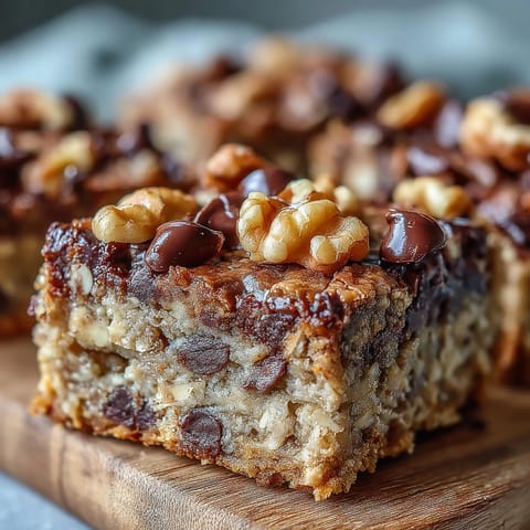 A close-up of Chunky Monkey Protein Baked Oat Bars stacked on a wooden board, showing a moist, golden-brown oat texture with banana and peanut butter swirls.