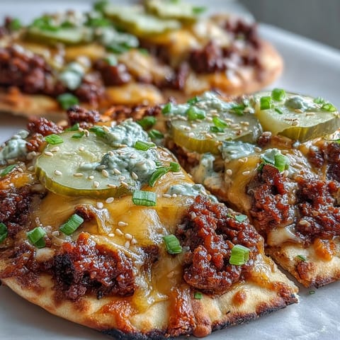 Golden, bubbly Cheeseburger Garlic Naan Pizzas fresh from the oven, topped with melted cheese sauce and chopped scallions.