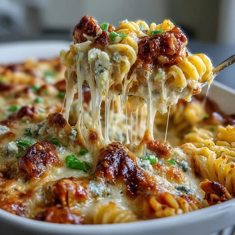 Golden, bubbly cheese tops a 9x13-inch pan of creamy Buffalo Ranch Chicken Pasta Bake, served fresh from the oven. 