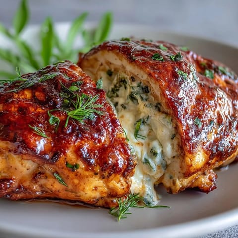 A fork slices into tender Hot Honey Ricotta Stuffed Chicken, revealing a rich ricotta and herb filling, perfect for dinner.