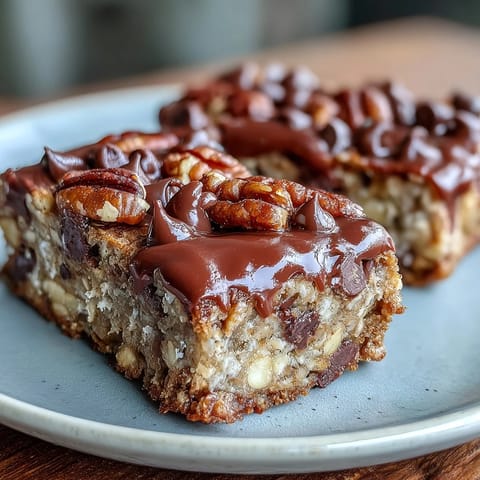 Golden-baked Chunky Monkey Protein Baked Oat Bars loaded with banana chunks and dark chocolate chips.