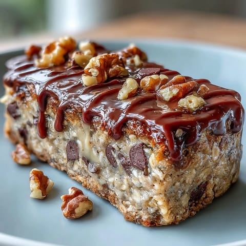 Warm Chunky Monkey Protein Baked Oat Bars topped with walnuts, ready for a healthy breakfast.