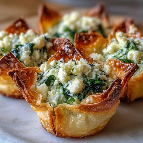 Feta and spinach baked in golden wonton cups, garnished with fresh dill on a rustic platter.