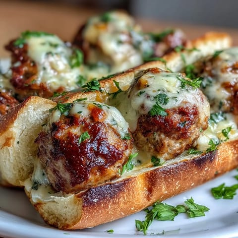 Garlic Parmesan Turkey Meatball Subs feature golden-brown turkey meatballs nestled in a toasted bun with creamy sauce.