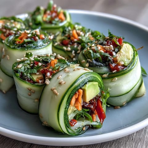 Thin spirals of Light Cucumber Avocado Rolls with Sesame arranged on a plate, garnished with sesame seeds and herbs for a light snack.